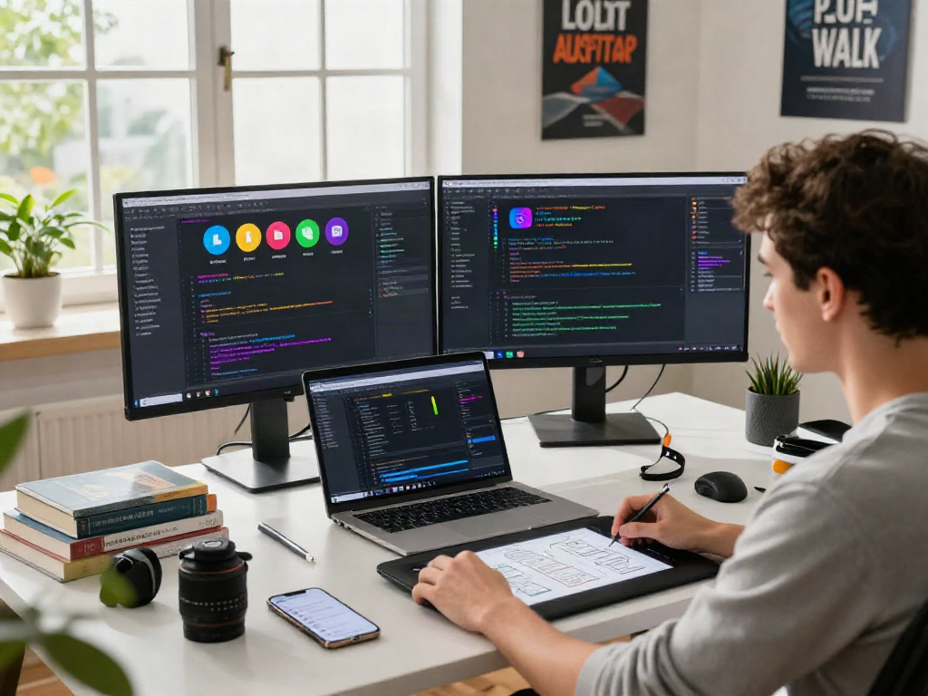 Showcase of gb whatsapp apk coding environment, featuring dual monitors and app design tools in a bright workspace.