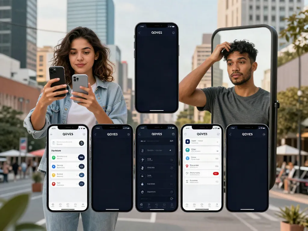 Alternatives to QOVES shown through diverse people using facial analysis apps in an urban setting.