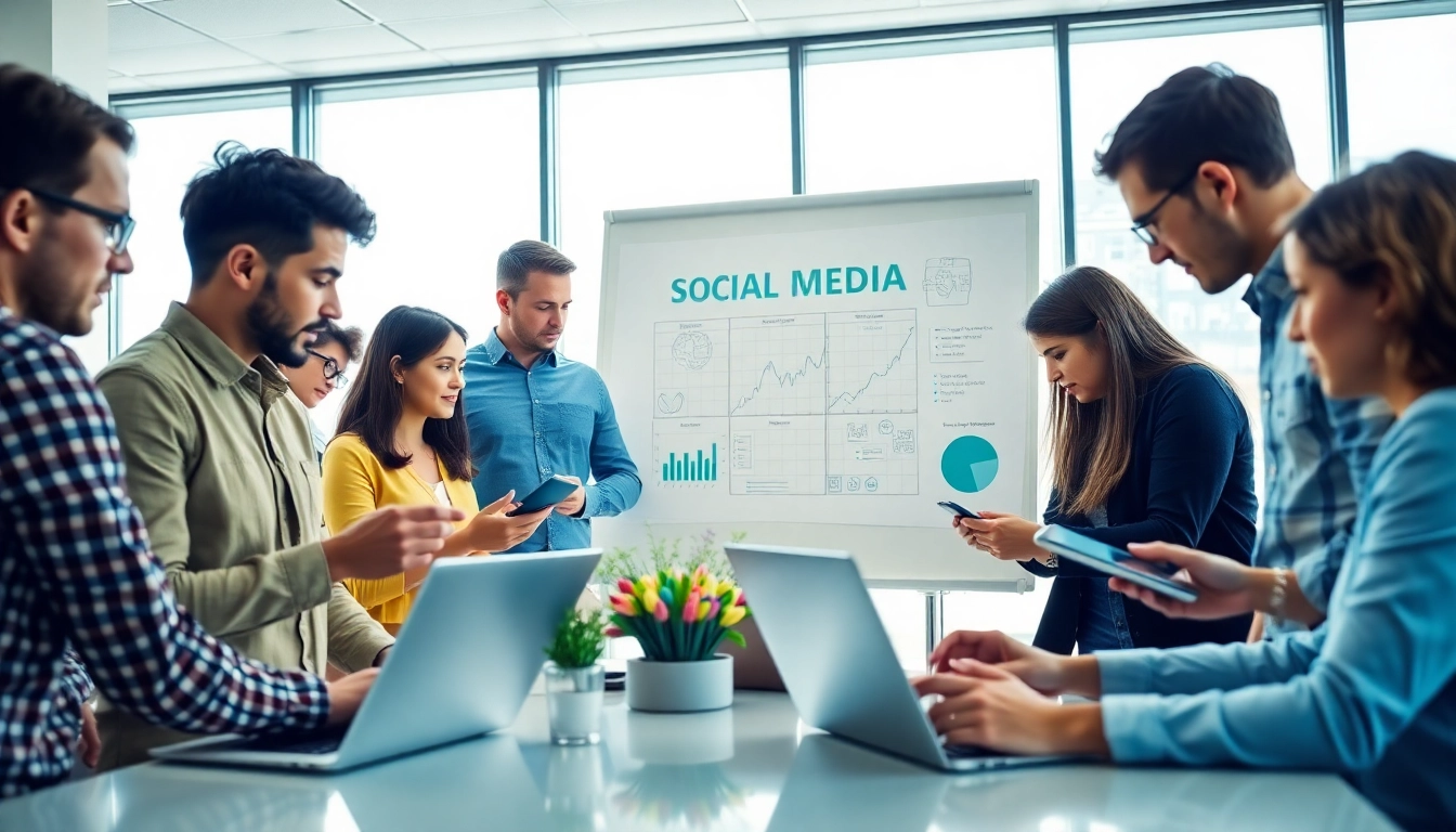 Engaging social media marketing Edmonton team collaborating in a bright office environment.
