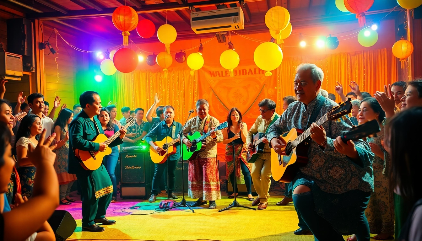 Formati muzica de petrecere animând o petrecere vibrantă cu muzicieni pe scenă.