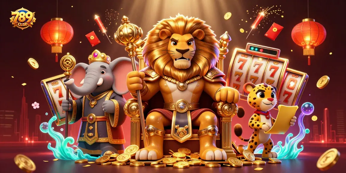 Experience the excitement of 789CLUB with a vivid casino scene featuring a lion king, elephant advisor, and cheetah messenger.