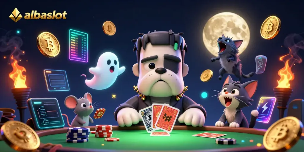 albaslot menggambarkan permainan kartu di meja bertema hantu dengan karakter menarik dan elemen cryptocurrency.