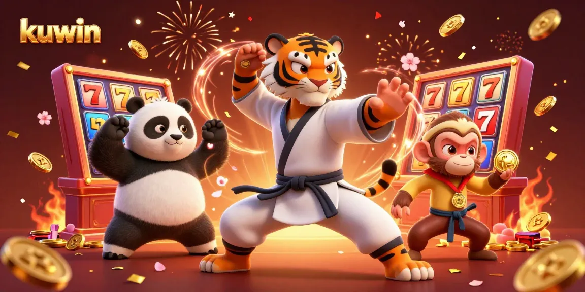 Kuwin players enjoying a dynamic casino scene with kung fu tiger and friends celebrating jackpots and winnings