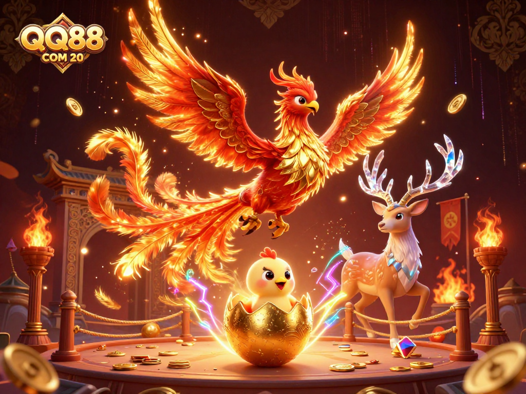 Engage in thrilling gameplay with QQ88 COM 20 in a vibrant illustrated scene filled with energy.