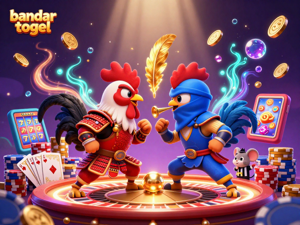 Engage in thrilling betting at bandar togel with animated roosters in battle, showcasing a vivid casino environment.