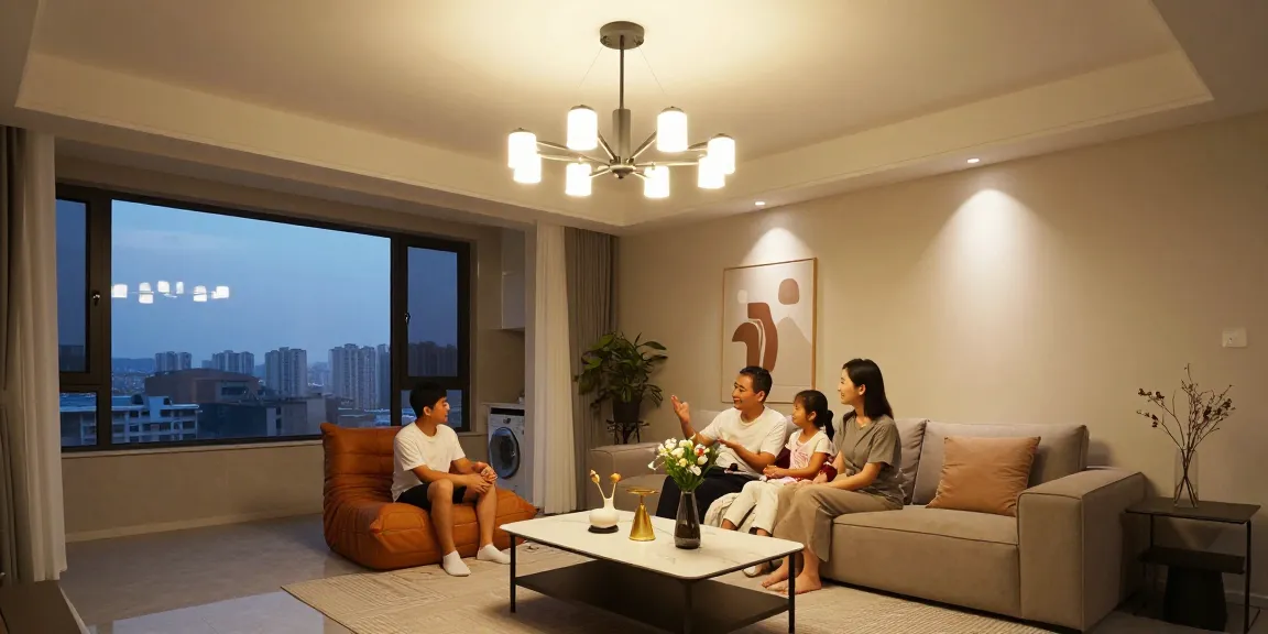 Lustra LED elegantă care iluminează un living modern, creând o atmosferă caldă și primitoare.