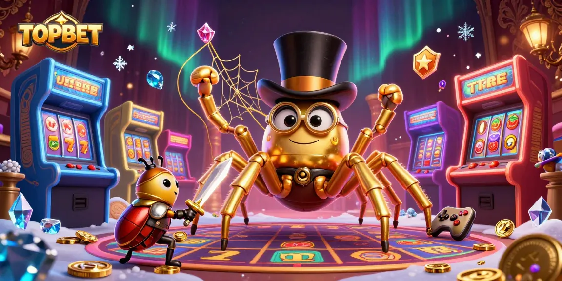 Engage with TOPBET's thrilling gaming world featuring a giant golden tarantula and beetle knight in a detailed casino setting.