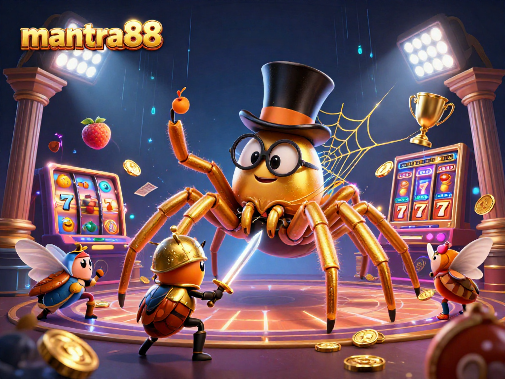 Engage with the mantra88 slots as golden coins cascade while a brave beetle knight approaches a giant tarantula.