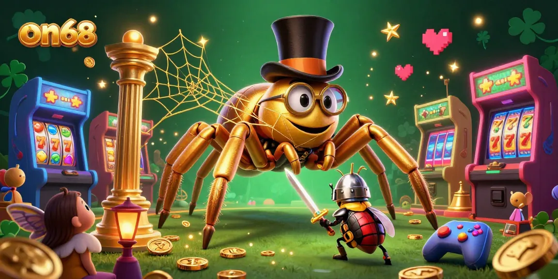 Experience thrilling gaming moments with on68's exciting slot reels, golden characters, and vibrant elements.