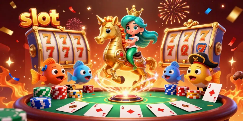 Experience thrilling slot excitement with a mermaid, seahorse, and festive poker elements.