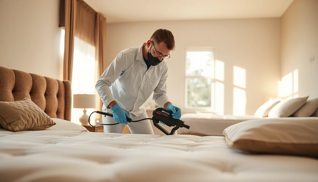 Efficient bed bug pest control treatment by a professional in a clean bedroom environment.