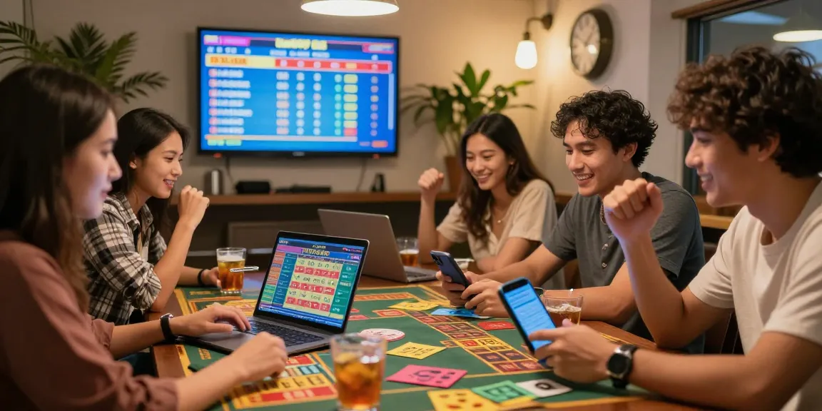 Friends enjoying situs togel at home with laptops and smartphones, colorful betting slips on table