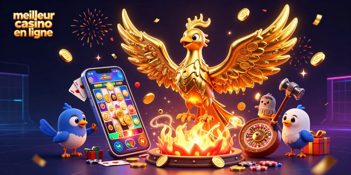 Découvrez le meilleur casino en ligne avec une illustration de phoenix doré et des éléments de jeu dynamiques.