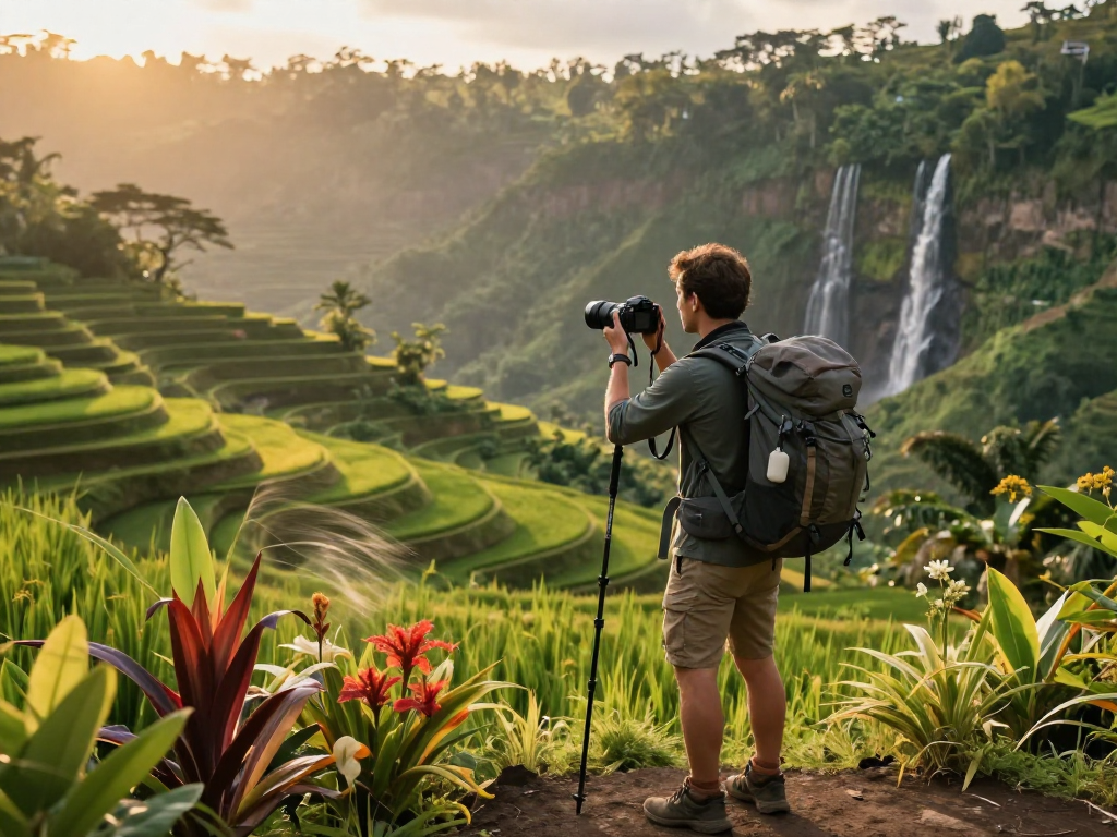 Traveler menikmati keindahan alam sambil memotret delapan toto di sawah.