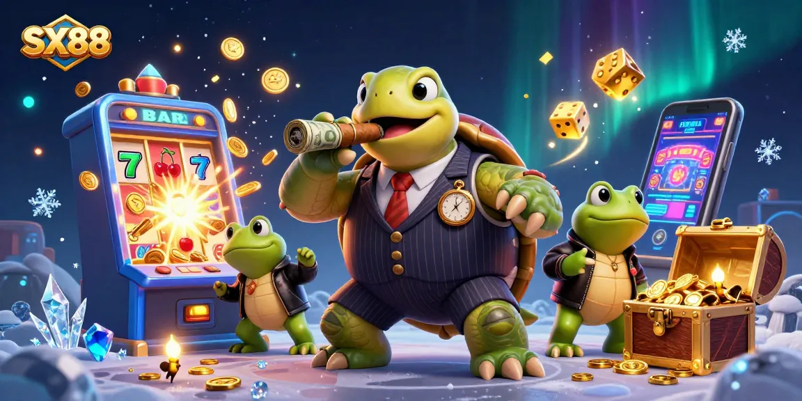 SX88 showcases a snapping turtle and bullfrog enforcers amid a vibrant casino scene full of excitement.