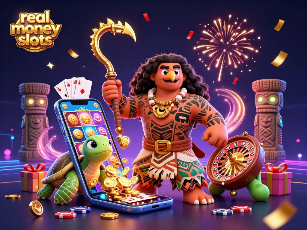 Experience the excitement of real money slots with a vibrant 3D casino scene featuring lively characters and game elements.