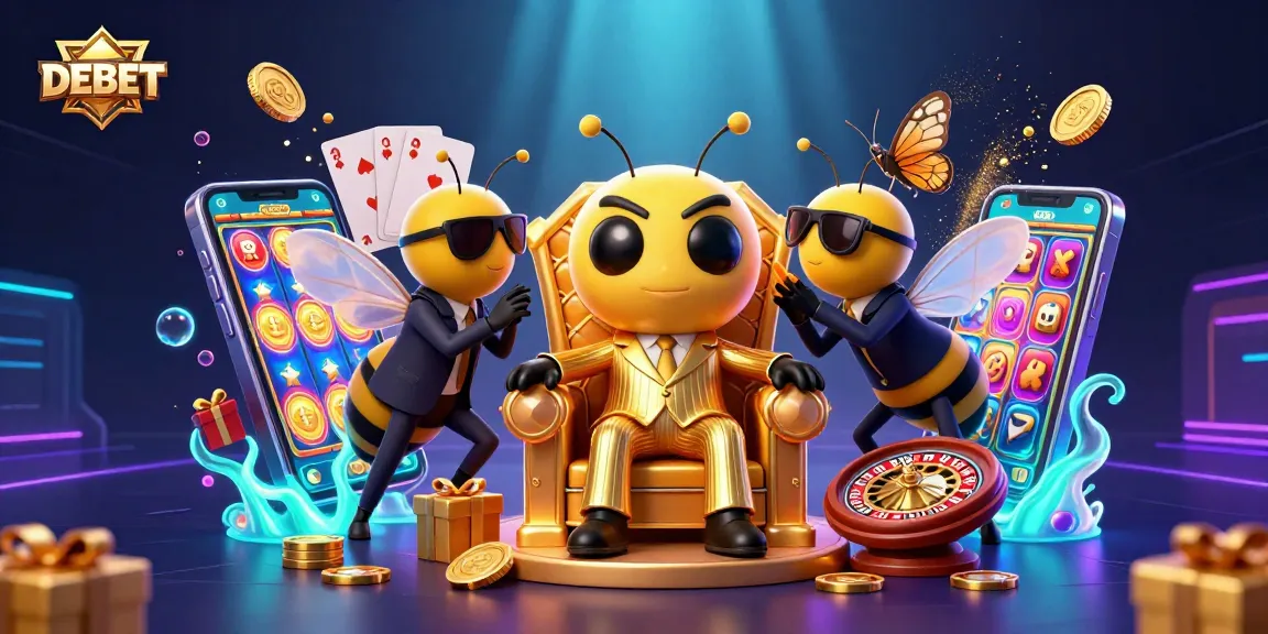 DEBET bumblebee mob boss on a throne in a vibrant casino scene filled with action.