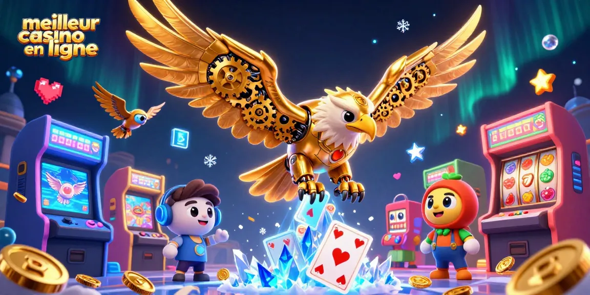 Découvrez l'illustration d'un meilleur casino en ligne avec un aigle cybernétique et des machines à sous colorées.