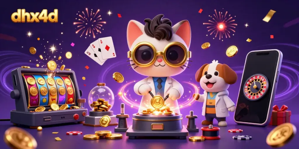 Slot gacor dhx4d dalam ilustrasi 3D kartun dengan informasi berlimpah dan karakter lucu.