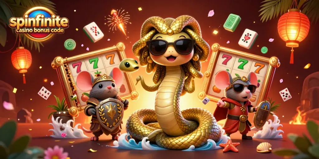 Spinfinite casino bonus code illustrated by Medusa and a stone shield mouse surrounded by slots and poker elements.