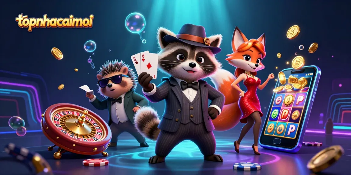 Engage with topnhacaimoi as the charming raccoon shows a royal flush amid a dynamic casino scene.