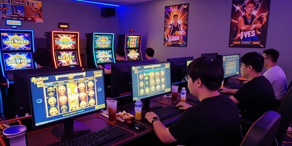 Engaged gamers enjoying 'slot luar negeri' online casino experience illuminated by colorful screens.