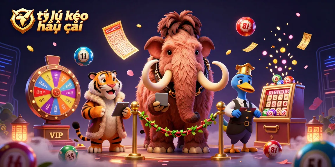 Engaging illustration of tỷ lệ kèo nhà cái featuring vibrant lottery elements and casino characters.