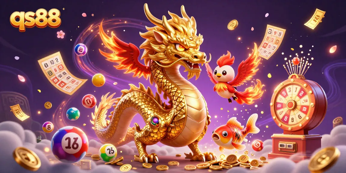 Experience qs88 with a golden dragon, phoenix, and koi amidst dynamic lottery elements.