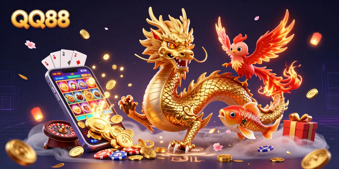 Engage with QQ88's fierce golden dragon, phoenix, and koi fish in a vibrant casino scene.