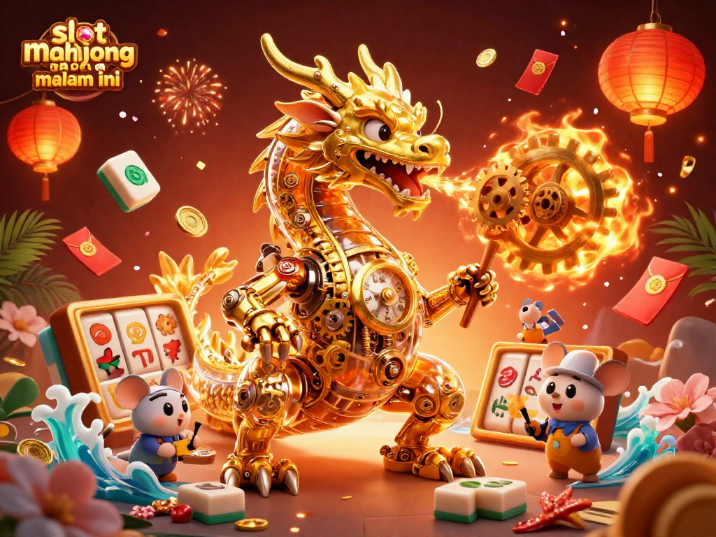 Join the excitement of slot mahjong gacor malam ini as a golden dragon breathes cogs and gears.