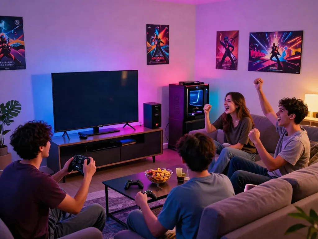 Exciting gaming group enjoying slot gacor thailand in a cozy living room.