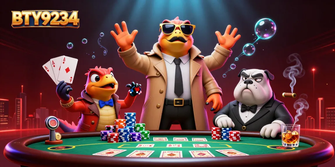BTY9234 raptors sneak into a VIP casino lounge with poker elements in a vibrant 3D illustration.