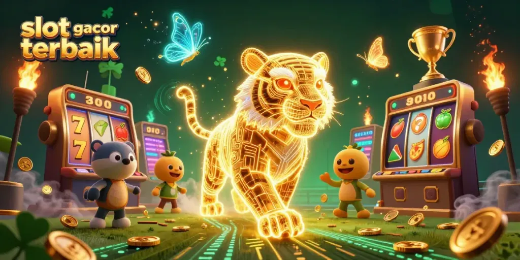 Gambarkan slot gacor terbaik dengan harimau emas 3D dan elemen kasino digital.