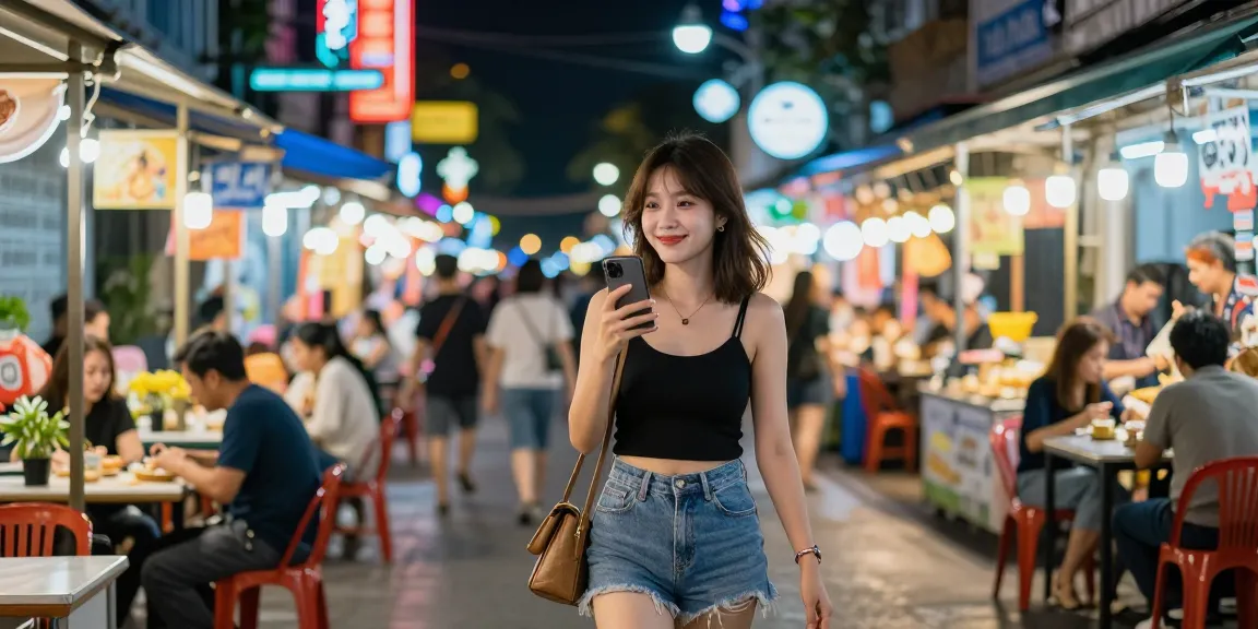 Gái gọi trong không gian náo nhiệt của đường phố Việt Nam về đêm, tạo không khí sôi động và trẻ trung.