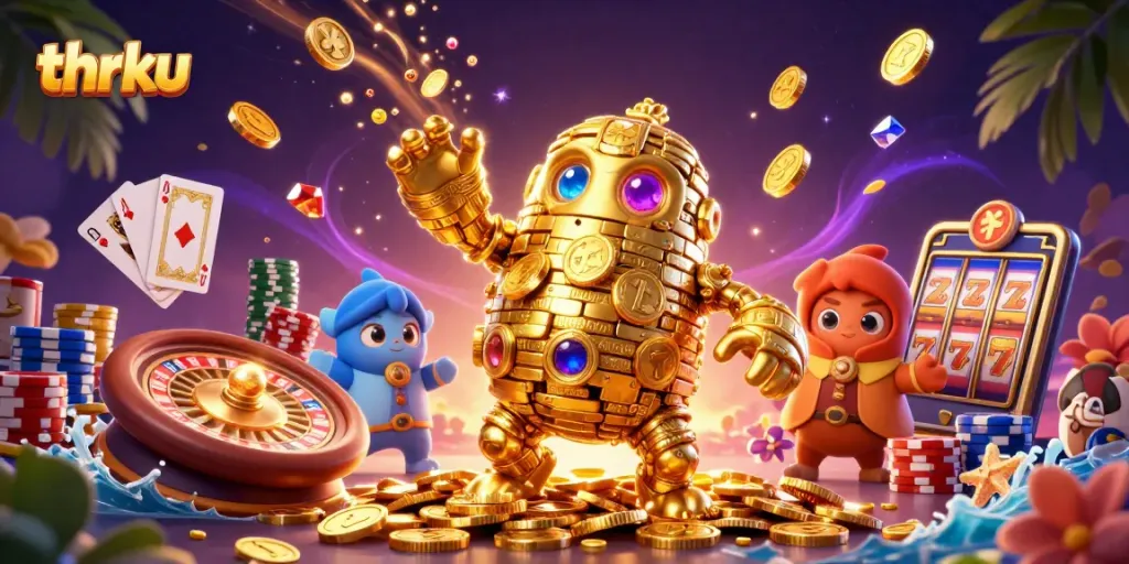 Experience thrilling slot action with thrku's vibrant 3D casino scene showcasing golden golems and spinning reels.