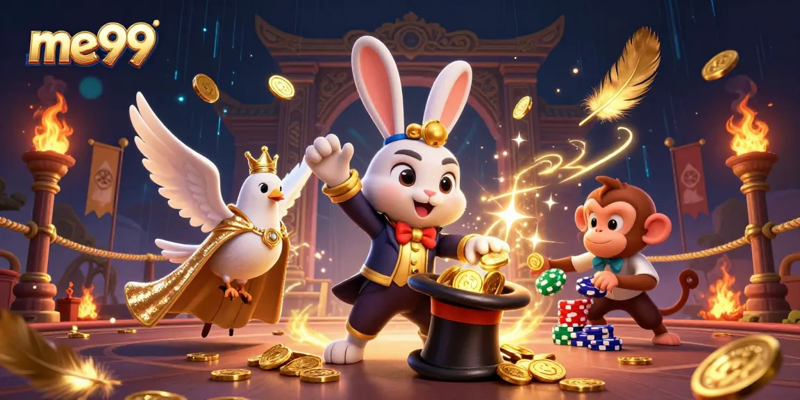 Experience thrilling fun at me99 as a magician rabbit pulls coins, a dove dazzles in sequins, and a monkey steals poker chips.