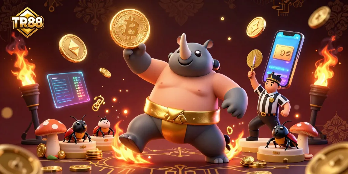 TR88 showcases a dynamic gambling scene with a cartoon beetle champion, flying coins, and sports betting excitement.