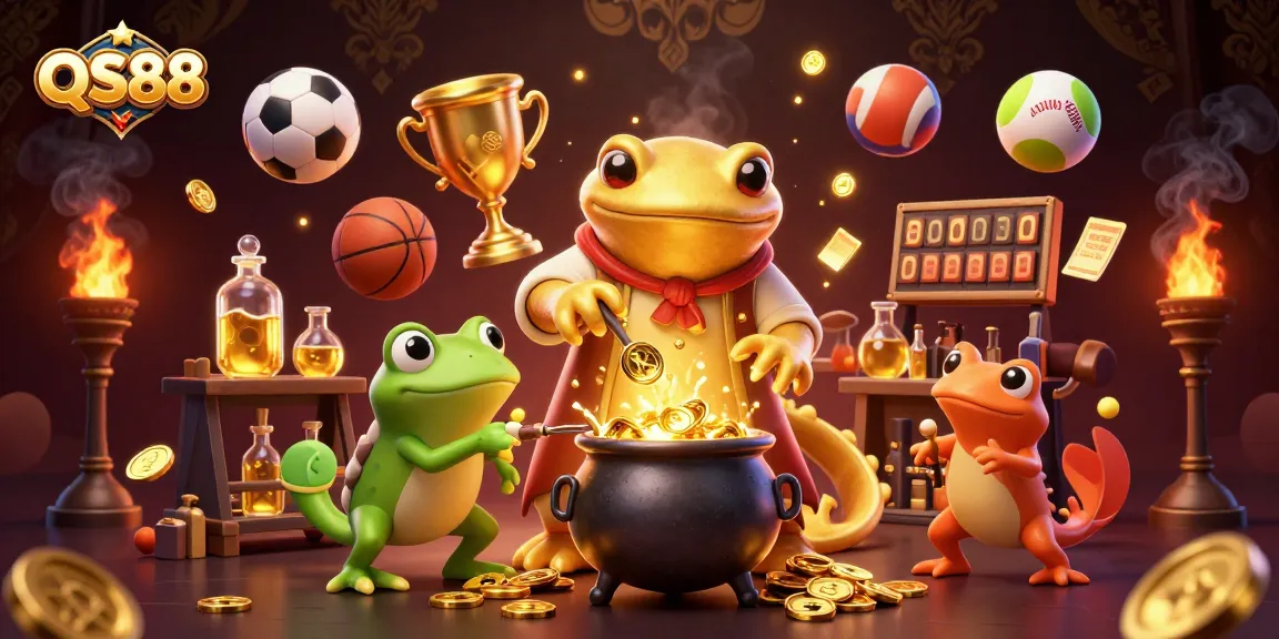 Experience the excitement of QS88 with a magical 3D casino scene full of golden treasures and sports activity.