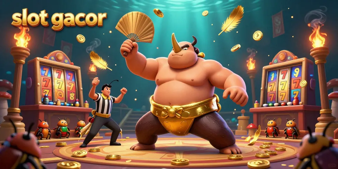 Slot gacor dengan juara capung berbadan besar dan koin emas terbang dalam arena kasino.