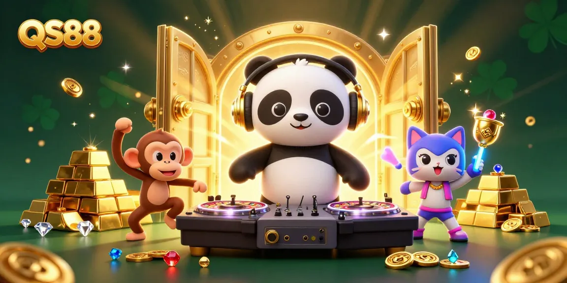 Experience excitement at QS88 with a DJ panda, dancing monkey, and glow-stick kitten surrounded by treasures!