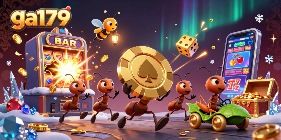 Experience the thrilling heist evade in ga179 with ants and a grasshopper in a vibrant casino scene.