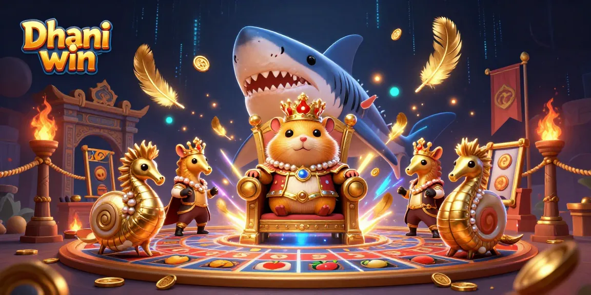 Dive into exciting wins with Dhani win, featuring vibrant animated characters and slot reels in an epic casino scene.