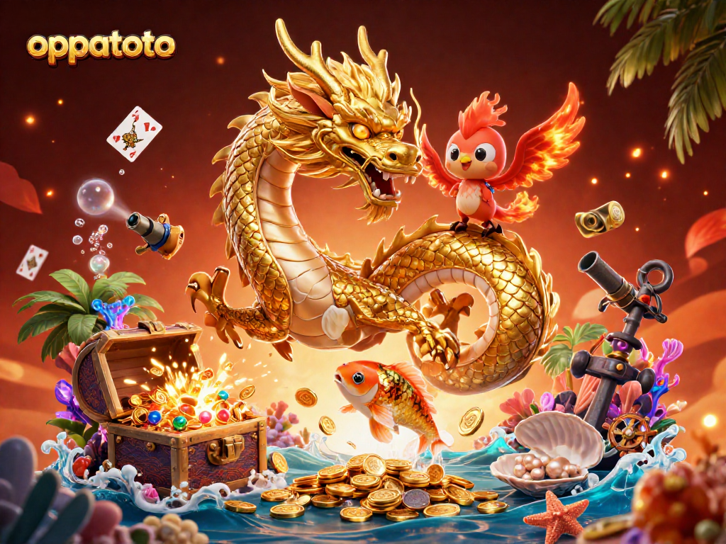 Engage with oppatoto's dynamic gaming world through golden dragon and vibrant phoenix in 3D art.