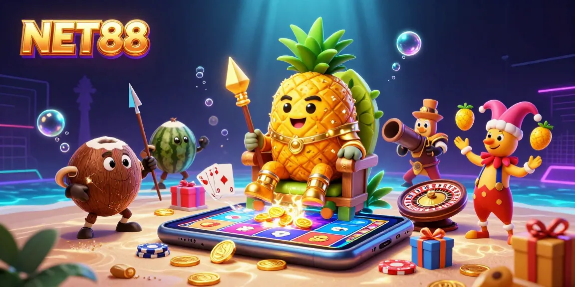 Experience gaming excitement with NET88, featuring a golden pineapple king and dynamic casino elements in an immersive scene.