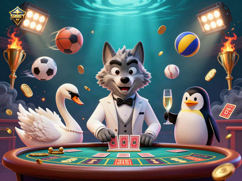 Experience SHBET excitement with a debonair wolf and elegant swan at the baccarat table.