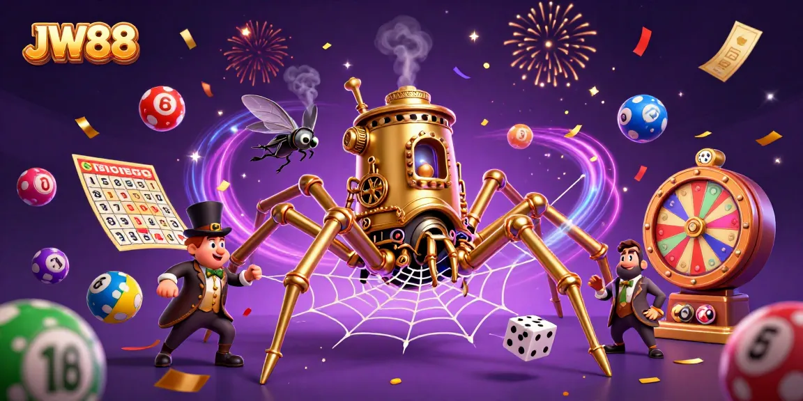 JW88 engages players with a vibrant 3D illustration showcasing steampunk themes and casino elements.