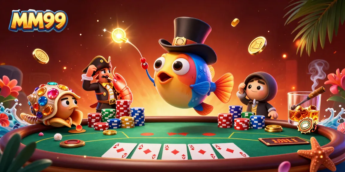 Players engage with MM99 in an exciting casino adventure with vibrant characters and poker elements.