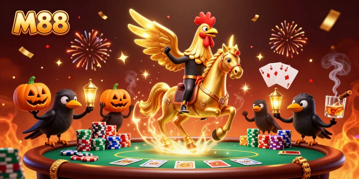 M88 players enjoy the vibrant casino atmosphere with a golden rooster and friends amid poker action.