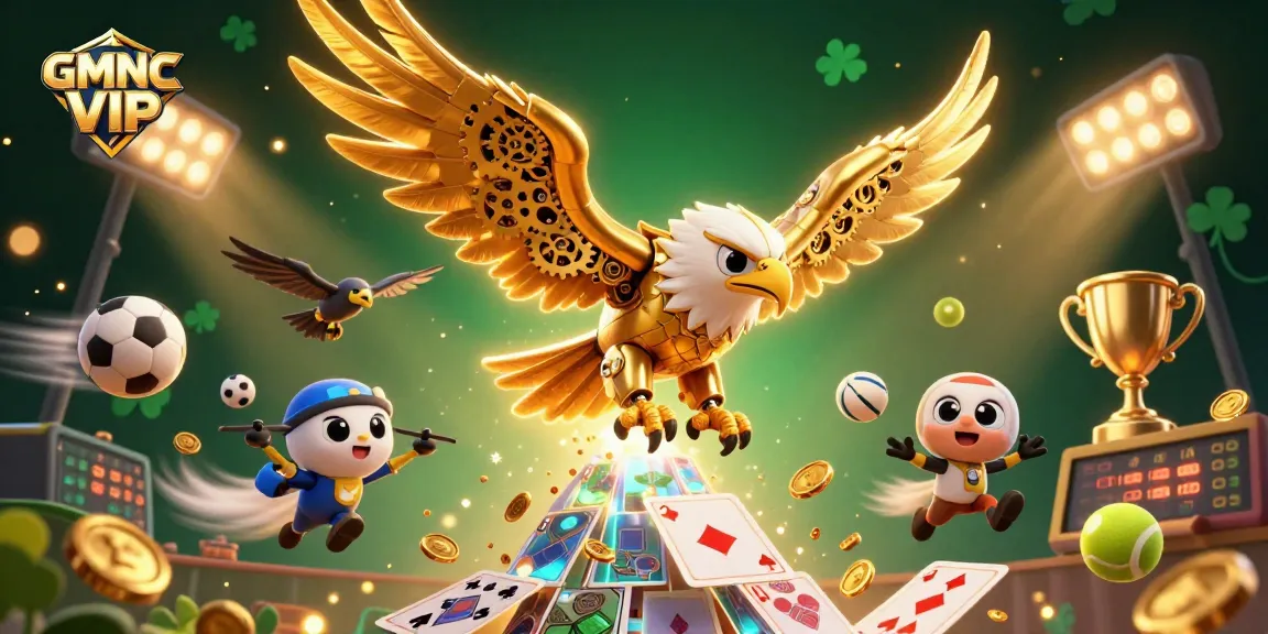 Experience gaming excitement with GMNC VIP and vibrant 3D characters amidst dynamic sports betting elements.
