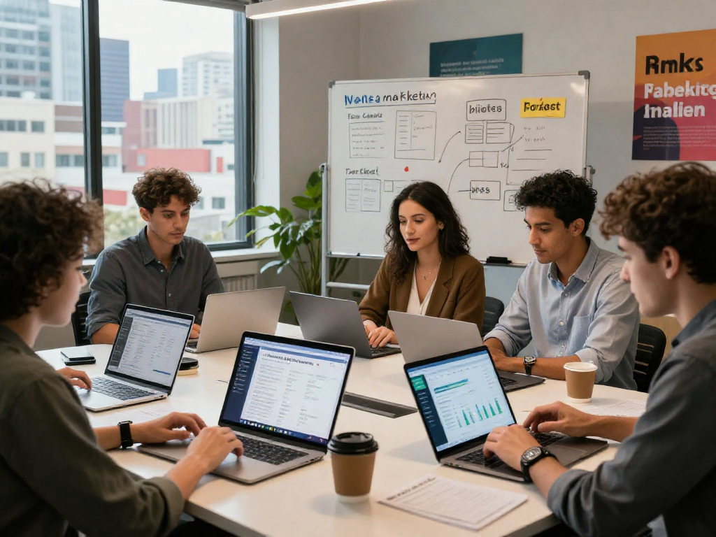 Purchase app installs strategy meeting with marketers analyzing data and discussing trends in a modern workspace